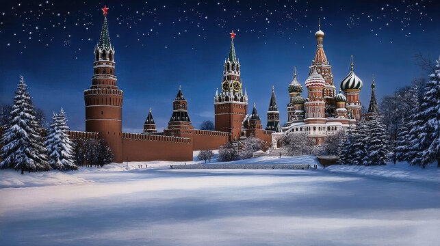 Captivating winter postcard featuring the Kremlin's Spasskaya Tower beneath falling snow and surrounded by serene snow-covered trees - Powered by Adobe