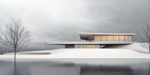Modern architectural design of a serene house by a lake under a cloudy sky