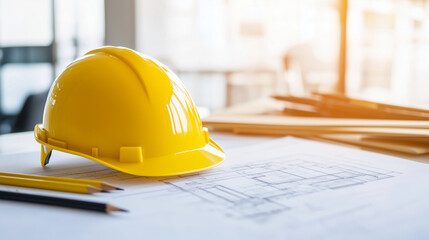 An architectural workspace featuring a yellow hard hat placed on top of detailed building plans, surrounded by pencils and drafting tools. The image emphasizes the precision and ca