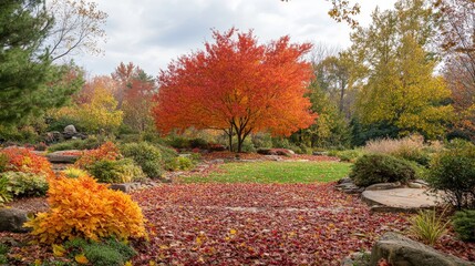 Naklejka premium A beautiful autumn garden with trees full of red, orange, and yellow leaves, surrounded by colorful fallen leaves and a bright sky