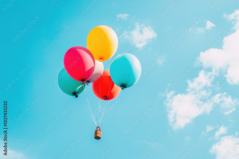 Poster A vibrant assortment of balloons floats gracefully in the clear sky, creating a cheerful atmosphere on a beautiful day. Generative AI