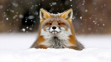 Obraz premium A playful fox joyfully jumps in the snow amidst winter flurries, showcasing delightful fur textures and a cheerful expression