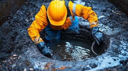 A man in a yellow jacket is digging in a hole