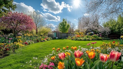 Fototapeta premium A beautiful spring garden with vibrant flowers, blooming cherry blossoms, and fresh green grass under a bright, sunny sky