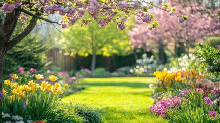 Fototapeta premium A beautiful spring garden with vibrant flowers, blooming cherry blossoms, and fresh green grass under a bright, sunny sky