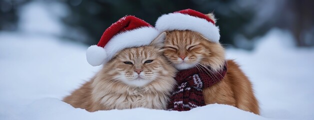Two adorable cats dressed as Santa Claus snuggling together in the cold winter air wrapped in red scarves against a pure white background