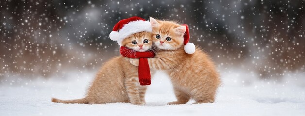 Two adorable cats dressed as Santa Claus snuggling together in the cold winter air wrapped in red scarves against a pure white background