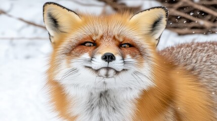 Obraz premium A joyful red fox gazes at the falling snowflakes on a tranquil winter day in a serene, snowy landscape