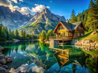 Fototapeta premium Serene Wooden House by Lake with Majestic Rocky Mountains - Urban Exploration Photography