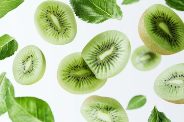 Fototapeta premium Fresh and vibrant kiwi slices float among lush green leaves. This image captures a healthy and refreshing feel. Perfect for food and health related content. Generative AI