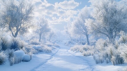 Obraz premium A beautiful winter landscape with frost-covered trees and snowy paths, leading into a peaceful, icy forest under a bright winter sky