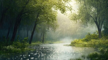 A calm rainy landscape with a gentle stream winding through a forest, raindrops falling softly, and a misty sky