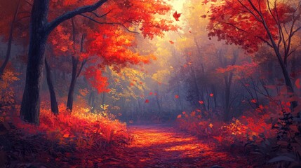 A peaceful autumn forest with vibrant leaves in red, orange, and yellow, creating a path of fallen leaves under the glowing sky