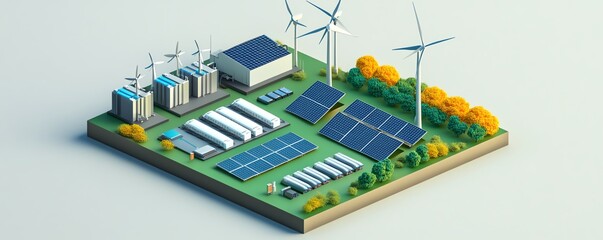 3D illustration of a renewable energy facility with solar panels, wind turbines, and storage units on a green site, promoting sustainable power.