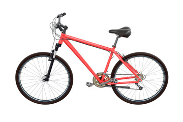Red bicycle, side view. Black leather saddle and handles. Png clipart isolated on transparent background