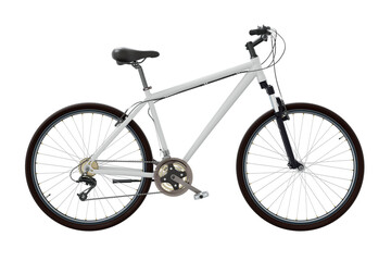 White bicycle, side view. Black leather saddle and handles. Png clipart isolated on transparent background