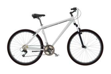 White bicycle, side view. Black leather saddle and handles. Png clipart isolated on transparent background