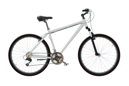 White bicycle, side view. Black leather saddle and handles. Png clipart isolated on transparent background
