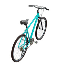 Blue teal bicycle, top back view. Black leather saddle and handles. Png clipart isolated on transparent background