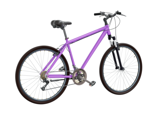 Purple bicycle, top back view. Black leather saddle and handles. Png clipart isolated on transparent background