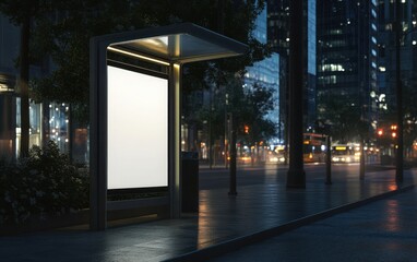 Fototapeta premium A sleek bus stop shelter with a blank advertisement panel at night, illuminated by city lights, perfect for public transport ads 