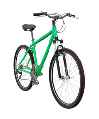 Fototapeta premium Green bicycle, front side view. Black leather saddle and handles. Png clipart isolated on transparent background