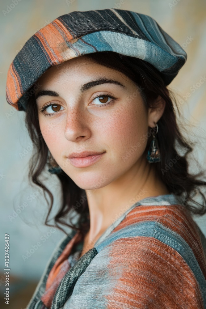 Sticker Portrait of a Young Woman Wearing a Stylish Cap and Colorful Striped Outfit; Ideal for Fashion and Lifestyle Content