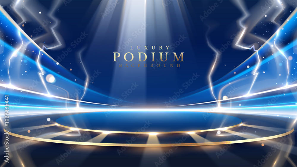 Sticker golden empty podium on blue background decorated with lightning effect with beams of light and bokeh