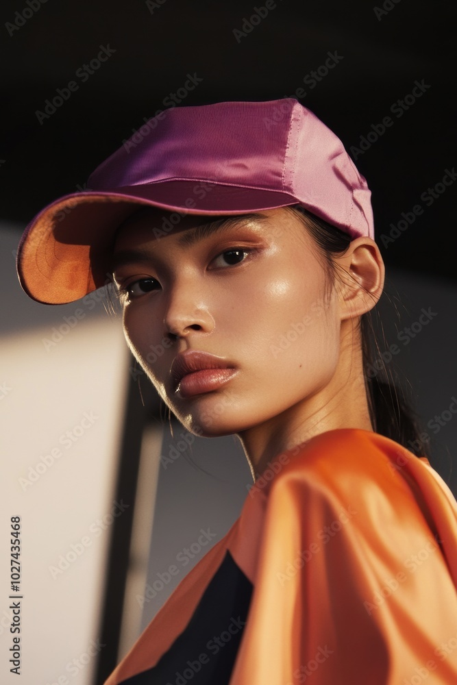 Sticker Fashion Portrait: A young woman in a colorful cap and stylish sportswear, ideal for lifestyle or fashion promotions.