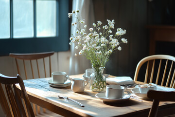 Welcoming Dining Table Set with Simple Dinnerware and Fresh Flowers
