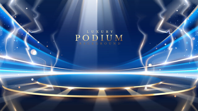Golden empty podium on blue background decorated with lightning effect with beams of light and bokeh, design concept for flash sale, luxury style stage backdrop.
