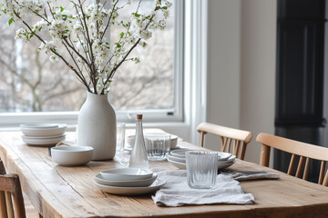 Welcoming Dining Table Set with Simple Dinnerware and Fresh Flowers