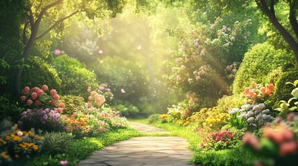 Fototapeta premium A picturesque spring garden filled with blooming flowers, lush green trees, and soft sunlight creating a peaceful spring scene