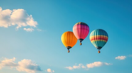 Naklejka premium A vibrant trio of hot air balloons floats effortlessly against a clear blue sky, showcasing a joyful burst of color above the landscape. Generative AI