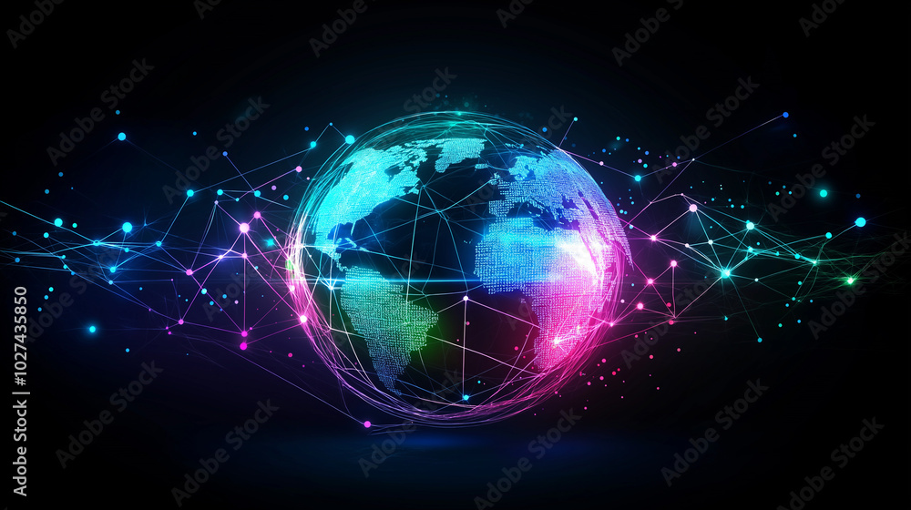 Poster illustration of the globe, surrounded by lines of neural connections and digital data. technological