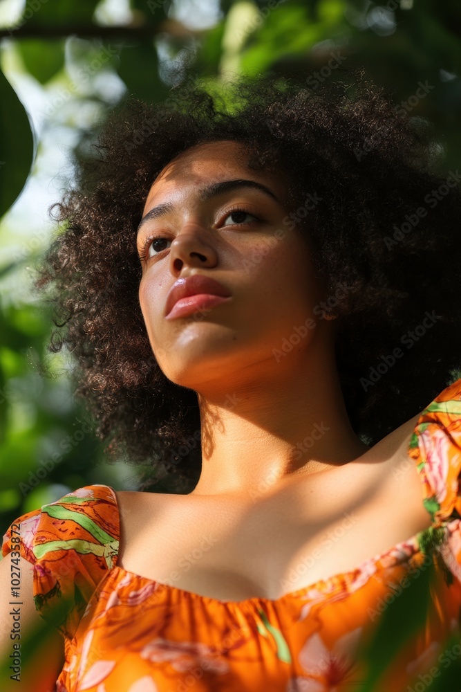 Sticker Portrait of a Woman in Nature: Close-up of a young woman with curly hair wearing an orange floral dress, surrounded by greenery for lifestyle imagery.