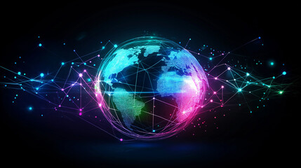 Illustration of the globe, surrounded by lines of neural connections and digital data. Technological background on the topic of the information field