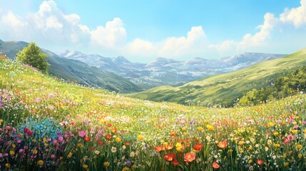 A picturesque spring meadow with colorful wildflowers, green hills, and a bright, clear blue sky creating a peaceful atmosphere