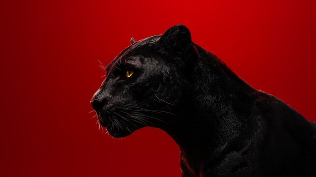 Profile of Black Panther with Sleek Fur and Striking Yellow-Green Eyes Against Deep Textured Red Background