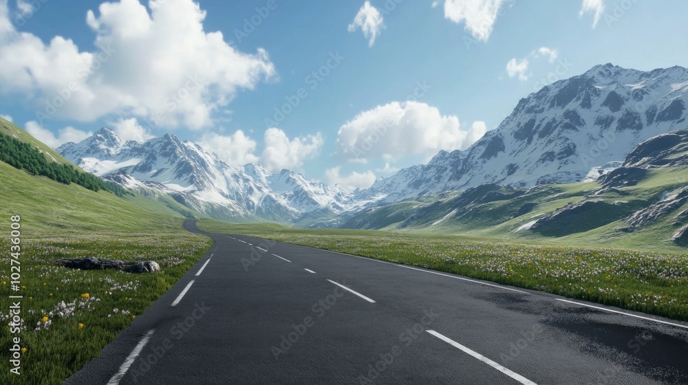 Poster a long road with a mountain range in the background