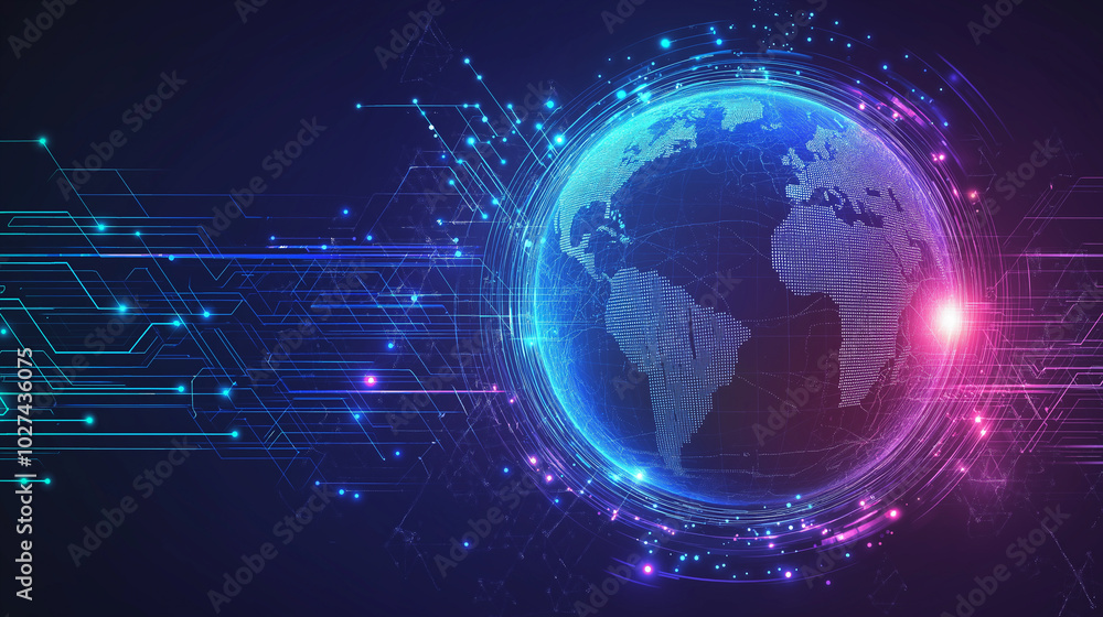 Poster illustration of the globe, surrounded by lines of neural connections and digital data. technological