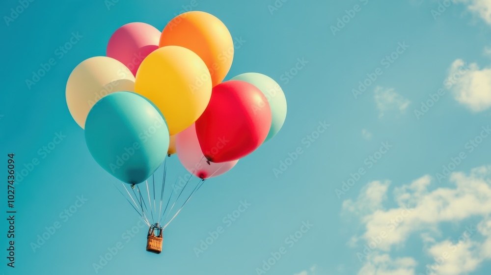 Poster a vibrant group of balloons ascends into a clear blue sky, creating a joyful and festive atmosphere 
