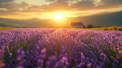 Fototapeta premium last light of day brings out the rich purples of a sprawling lavender farm