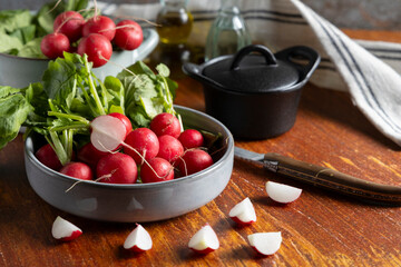 Fresh harvested radish on a table top