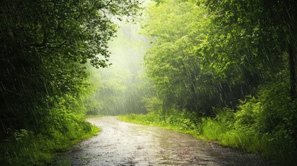 Obraz premium A serene scene of a rain-soaked forest path, with green trees, gentle raindrops falling, and a misty horizon