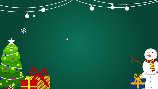 Animated video template welcomes winter with snow falling, Santa Claus giving gifts. snowman standing in a pile of gifts. pine tree with snow