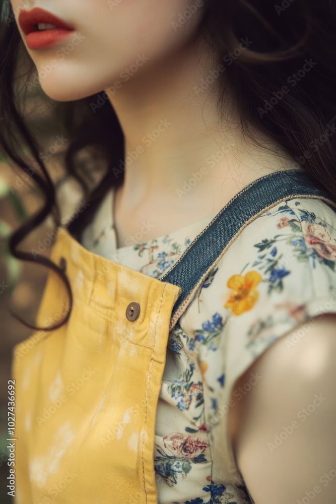 Wall mural Fashion Portrait: A Girl in Floral Top with Yellow Overalls