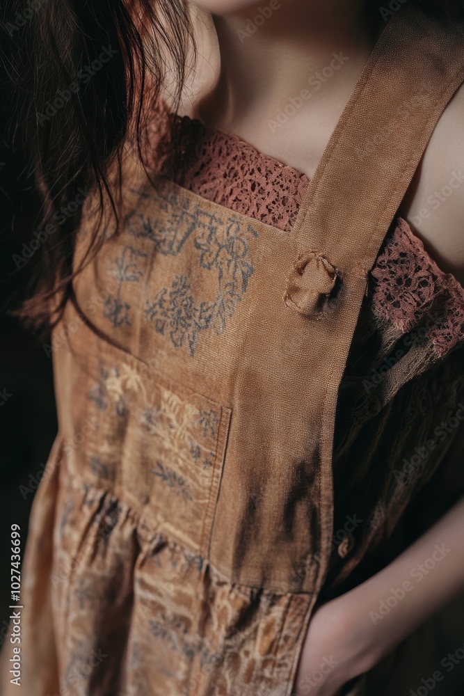 Sticker Captured Elegance: A Close-Up of a Vintage-Inspired Brown Overalls with Intricate Details