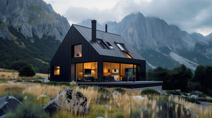 Design of a mountain house of bricks and wood, black steel, glass