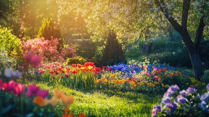 Obraz premium A serene spring scene with a vibrant garden of colorful flowers, blooming trees, and soft sunlight casting a warm glow